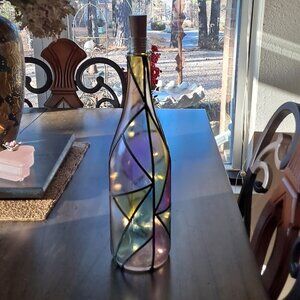 Hand Painted Faux Stained Glass Wine Bottle Lamp w/Fairy Lights-Unique Decor